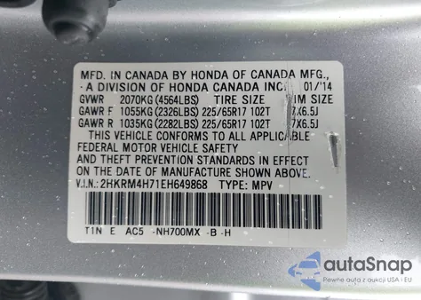 2014 Honda Cr-V Ex-L z USA, uszkodzony, nr VIN 2HKRM4H71EH649868